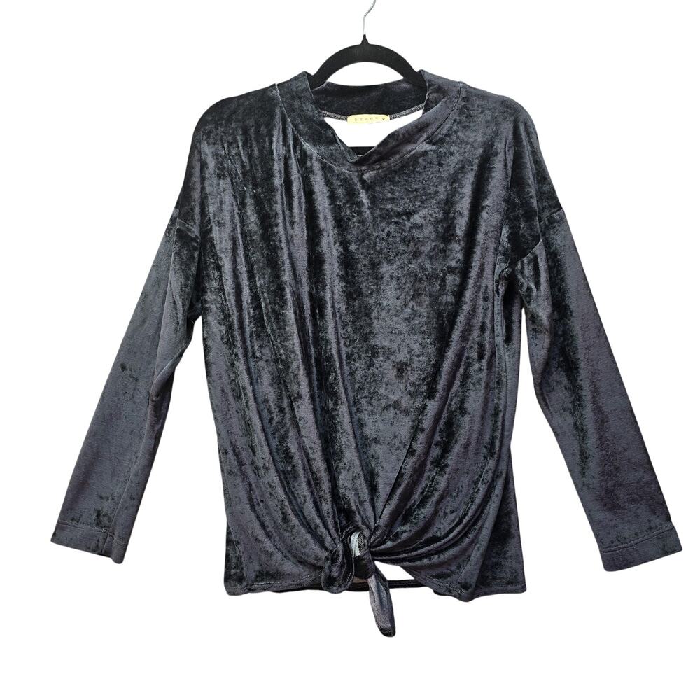 Stark X Top Womens XS Black Velvet Long Sleeve Front Tie Whimsigoth Minimalist